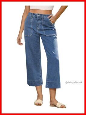 High Waisted Wide Leg Cropped Capri Jeans Stretchy Denim Pockets